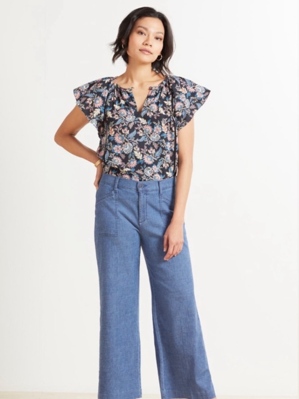 Roan + Ryan Fiona Paisley Floral Keyhole Flutter Sleeve Blouse